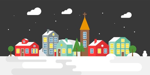 Village with snow falling, Landscape for use as background or banner, flat design