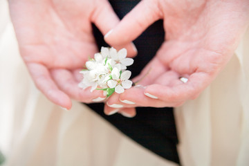 a branch of a blossoming apple tree lies in the hands of a young red-haired bride in the background of a stylish wedding dress with a black bow belt