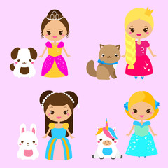 Cute princesses with lovely pets. Vector illustration in kawaii style