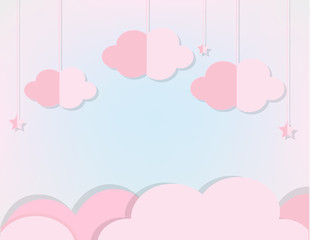 Pink Clouds and stars in soft blue sky. Background in paper cut, paper craft style for baby, kids and nursery design, invitations, banners