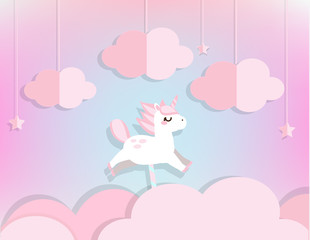 Fairy unicorn in pink Clouds and stars in soft blue sky. Background in paper cut, paper craft style for baby, kids and nursery design, invitations, banners