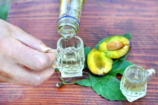Human hand pouring a well-known brand rakia slivovista in shot glasses with plums on wooden table in orchard. Traditional Serbian brand alcoholic drink of organic production
- Powered by Adobe