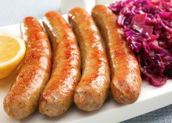 German Thuringer Bratwurst with Red Cabbage