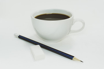 Coffee in a hot white cup on white background,with copy space for your text.