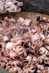 Baby octopus  are roasting in a wok at the festival of street food market. close up