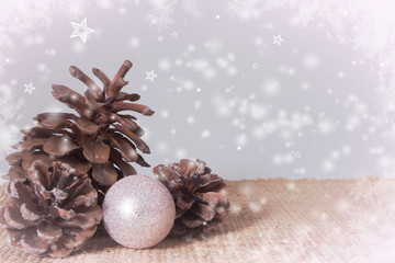Fototapeta na wymiar christmas greeting card with cone and snow