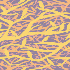 Tree Silhouette with Birds Perching Seamless Pattern