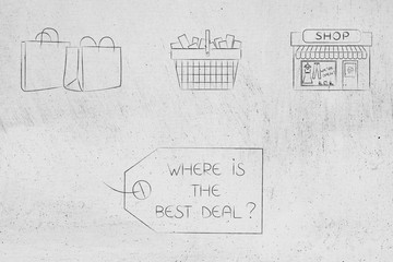 price tag with Where is the best deal text and shopping bags basket and shop above it
