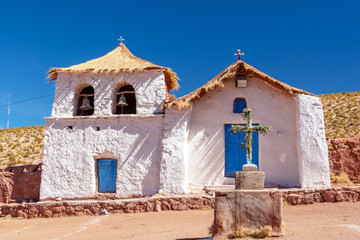 Typical chilean church of the village of Machuca near San Pedro de Atacama, Chile - obrazy, fototapety, plakaty