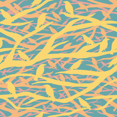 Tree Silhouette with Birds Perching Seamless Pattern