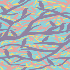 Tree Silhouette with Birds Perching Seamless Pattern