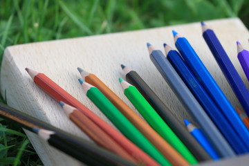 Colored pencils with a basket of knowledge on the grass