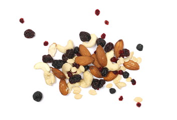 Obraz na płótnie Canvas Mix of various nuts, raisins, berries and seeds isolated on white background, top view
