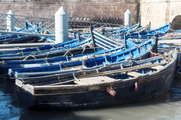 Famous blue Boats at a Fishing Port of Essaouira on in Morocco	