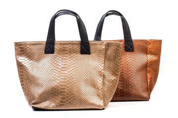 Bolso marrón de mujer sobre fondo blanco aislado. Vista de frente