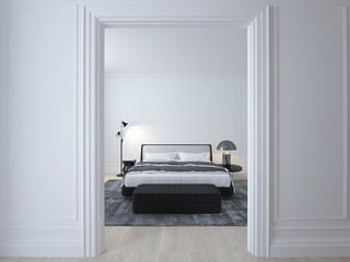 Luxury minimal white bedroom with wood floor