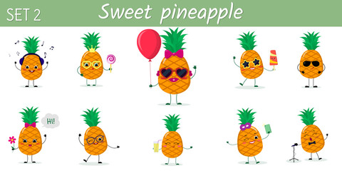 A set of ten cute pineapples characters in different poses and accessories in cartoon style.