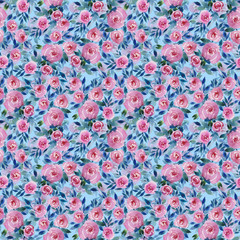 bouquet of flowers of red roses, seamless pattern, watercolor illustration. Pink and purple colors. 