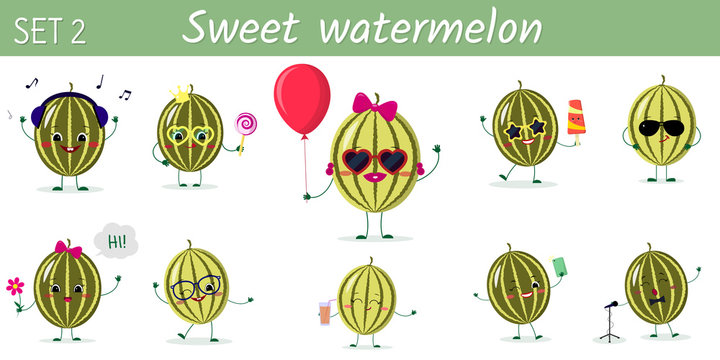A set of ten cute watermelon characters in different poses and accessories in cartoon style.