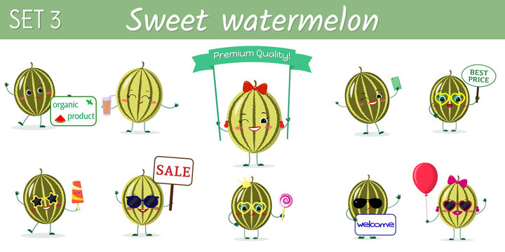 A set of ten cute watermelon characters in different poses and accessories in cartoon style.