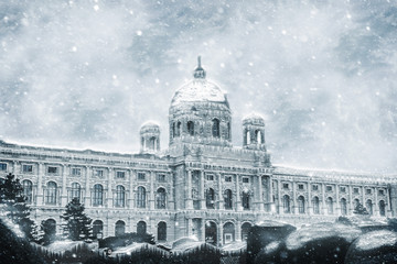 Fototapeta na wymiar Maria-Theren-Platz. Vienna Austria. Icy cold freezing winter weather.Blizzard, hurricane.
