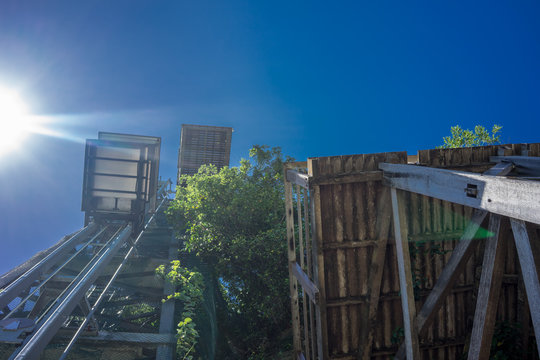 low angle view of outdoor elevater with blue sky