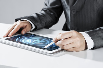 Internet security concept with woman working on media screen wit