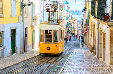 A view of the incline and Bica tram, Lisbon,  Portugal - obrazy, fototapety, plakaty
