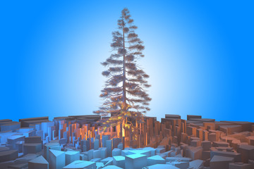 2019 New Year card christmas tree over abstract rocks 3d illustration