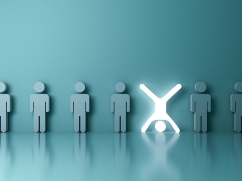 Stand out from the crowd and different creative idea concept One glowing light man standing upside down with arms and legs wide open among other people on dark green background 3D rendering