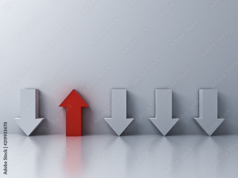 Poster stand out from the crowd and different concept one red up arrow among other down arrows on white wal