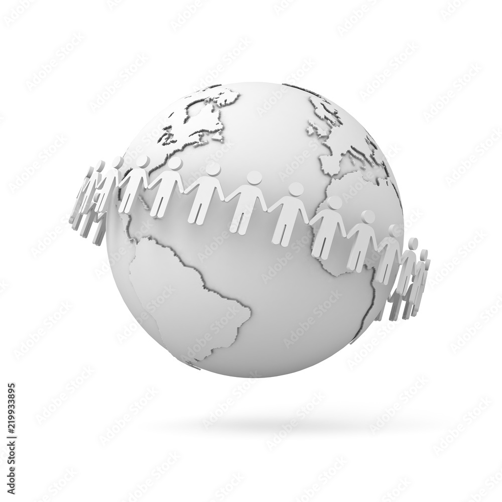 Poster people holding hands around white globe map isolated on white background with shadow 3d rendering