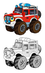 cartoon funny off road fire fighter truck looking like monster truck - coloring page