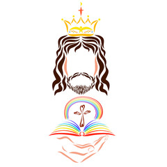 King Jesus Christ with a rainbow Bible and a cross in his hand