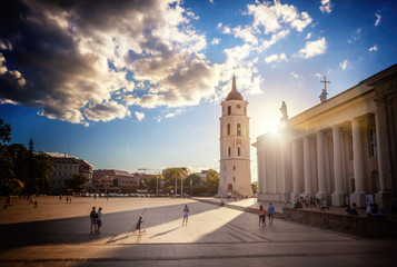 Obraz premium Vilnius, the capital of Lithuania, the cathedral square at sunset in the sun, travel to the Baltic countries