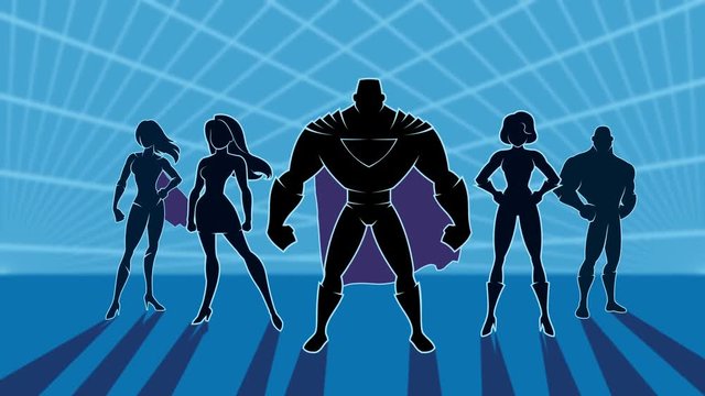 Conceptual animation depicting team of powerful superheroes.