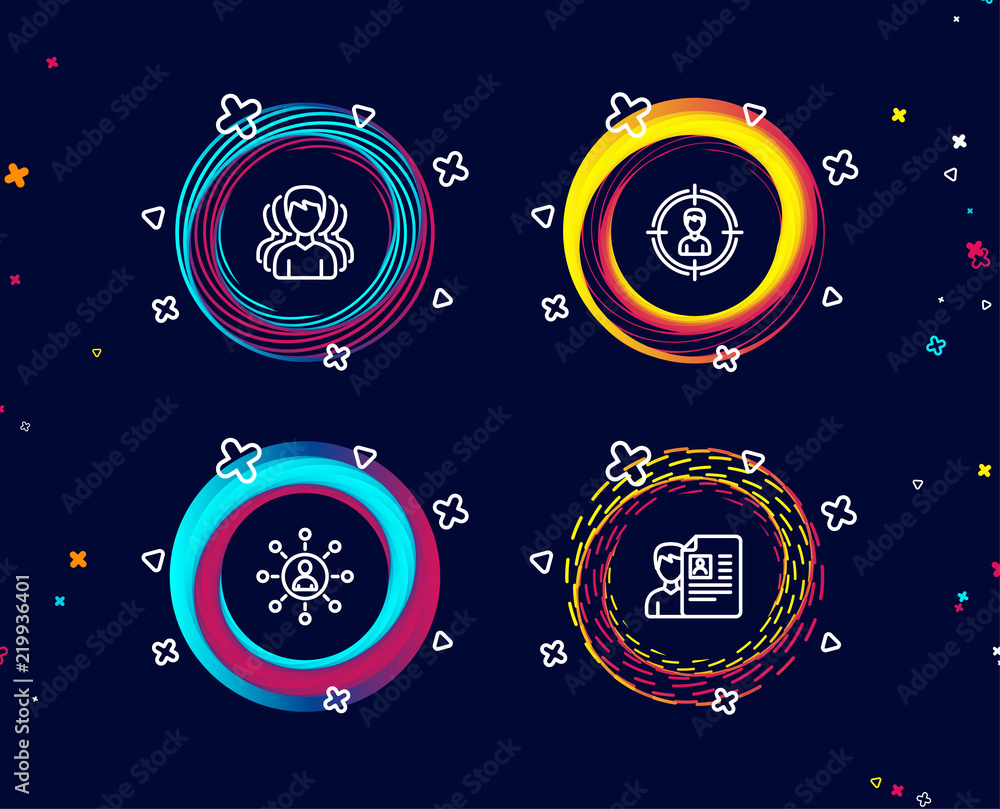 Poster set of group, headhunting and networking icons. job interview sign. headhunting service, person in t