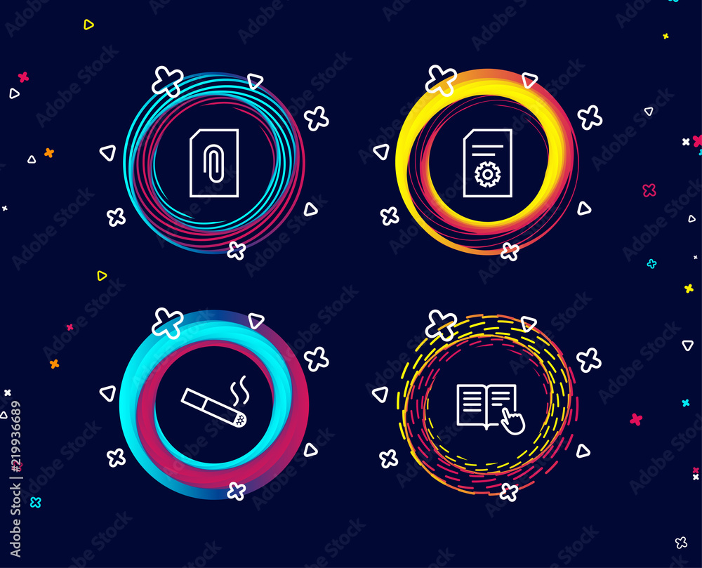 Poster set of attachment, smoking and file settings icons. read instruction sign. attach document, cigarett