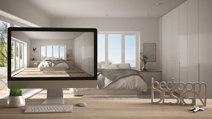 Architect designer project concept, wooden table with keys, 3D letters making the words bedroom design and desktop showing draft, blurred space in the background, interior design