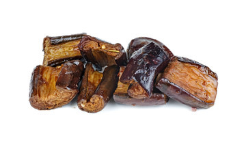 Grilled eggplant pieces isolated on white background