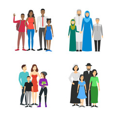 Cartoon Characters Different Nationals Families Set. Vector