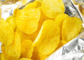 Potato chips in pack closeup