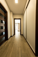 interior of empty modern corridor with wooden floor