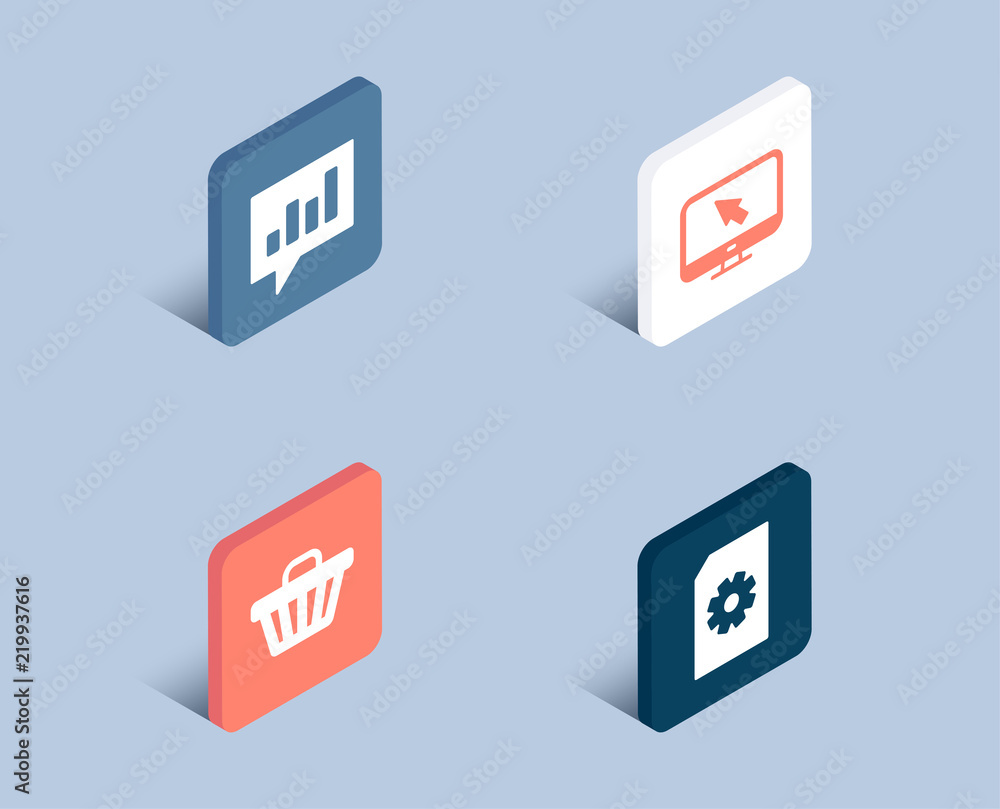 Poster set of shop cart, analytical chat and internet icons. file management sign. web buying, communicatio