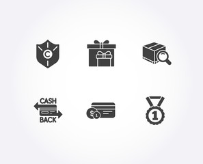 Set of Ð¡opyright protection, Payment method and Cashback card icons. Delivery boxes, Search package and Best rank signs. Shield, Cash or non-cash payment, Birthday gifts. Vector