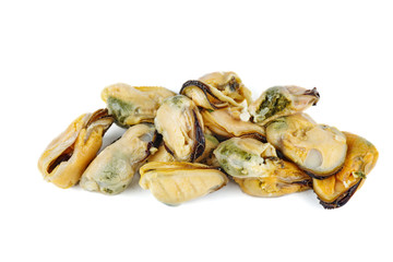 Pile of pickled mussels isolated on white background