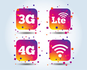 Mobile telecommunications icons. 3G, 4G and LTE technology symbols. Wi-fi Wireless and Long-Term evolution signs. Colour gradient square buttons. Flat design concept. Vector
