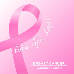 Breast cancer background with pink ribbon. Beast cancer awareness month banner. Vector.