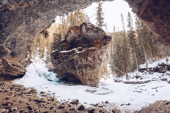 snowy woods with big rocks