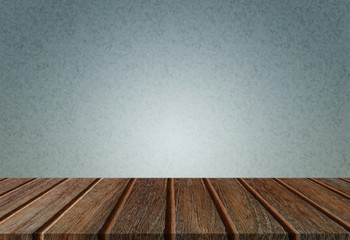 Empty perspective wood plank table top with blue background for montage of your product